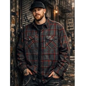 Dixxon Flannel Co Mens XL D-Tech Plaid Button Down‎ Shirt Charcoal Red Grey